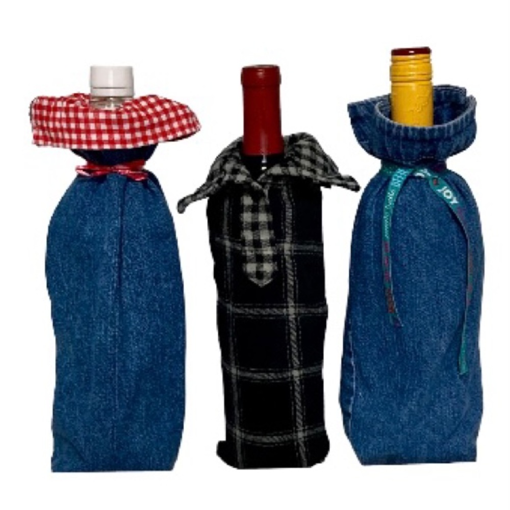 Denim and Flannel Wine Tote Bags Set of 3 NEW